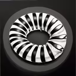 black and white round with a circular stripe design
