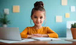 a little girl is smiling while using her laptop