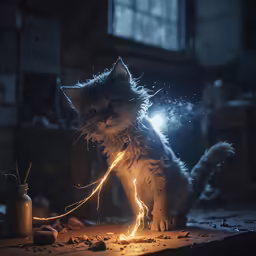a cat that is standing near a light in the dark
