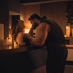 man and woman leaning on counter in hotel lobby
