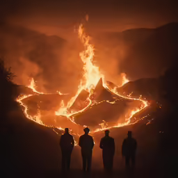 four men standing next to each other watching a fire