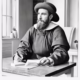 a man wearing a robe and hat sitting at a desk