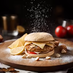 this burger features cheese and tomato slices with toasted almonds on top