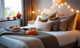 pumpkins are placed on the bed in this cozy hotel room