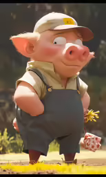 a fake pig in overalls holds a small dog