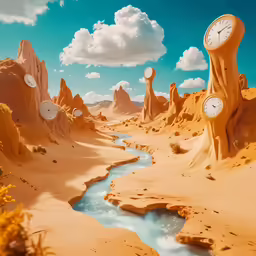 various clocks sit in the sand with a blue water flowing through