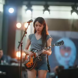 a girl in a gray shirt holding a guitar on stage