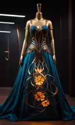 dress in front of an object with a blue and yellow pattern