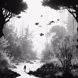 man walking down the trail through trees in the fog,a man walks through the woods and looking at the fish