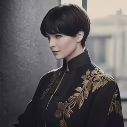 a very cute short hair girl with an elegant jacket