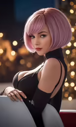 a pink haired girl in a black top with a white chair