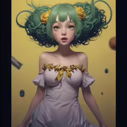painting of a woman with green hair and flowers
