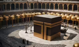 a giant building sits in a courtyard with many golden spheres