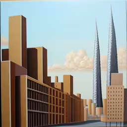 an image of a painting of a city,a painting shows a city with tall buildings