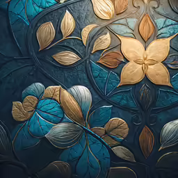 decorative glass with gold leaf detail on blue background