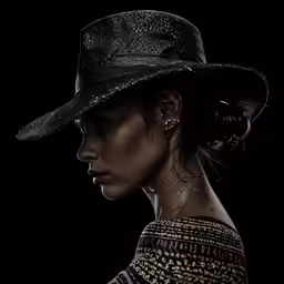 a woman wearing a large hat with ear clips
