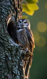 an owl sitting in the holes in a tree