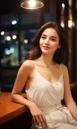 an attractive young woman sitting on top of a counter