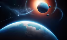a computer image shows two planets with a distant sun behind them