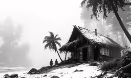 a hut that has two people walking by it