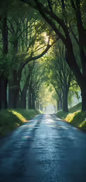 the road to a green forest lined with trees
