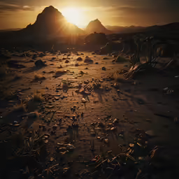 a rocky terrain that has a sun behind it