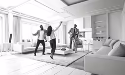 a woman in a white shirt dancing around with her legs crossed