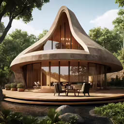a circular wooden patio is situated near an outdoor house