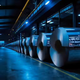 a line of rolls of white paper inside a warehouse