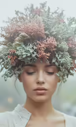 the face and neck of a woman with floral crown on her head