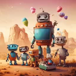 a robot is surrounded by other small toy robots