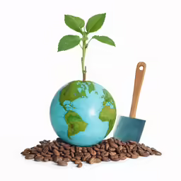 a globe with a plant and shovel, is on top of coffee beans