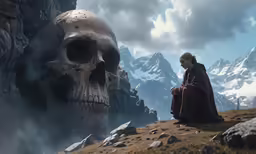 a skull head in the middle of a mountain with a monk