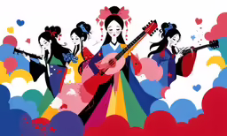 a painting of some girls playing musical instruments