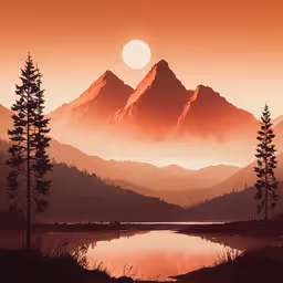 the sun is setting over a mountain range,there are pine trees and mountains near the water