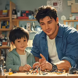 a young boy and man playing with model kits together