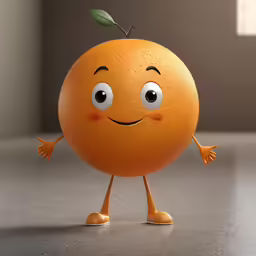a cute orange with big eyes has a green leaf on its tip