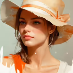a woman wearing a hat with an orange ribbon on it