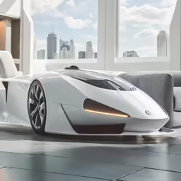 a futuristic car sits in front of some windows