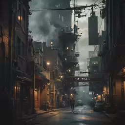 the dark city is lit by street lamps and street lights