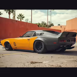 there is a yellow car in the parking lot