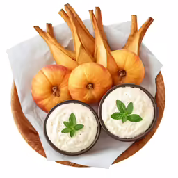 peaches with dips and apples on a tray
