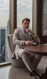a man in a beige suit is posing for a picture