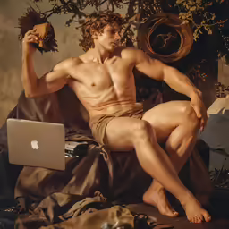 a man with no shirt sitting on a bed and holding a piece of fruit