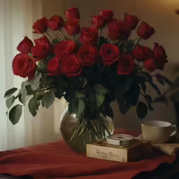 a vase filled with lots of red roses on top of a table