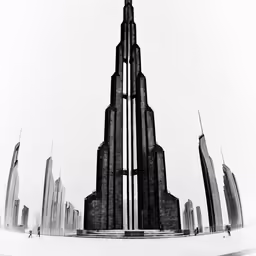 a tall black building in front of a city
