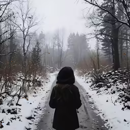 the back of a person walking down a snow covered road