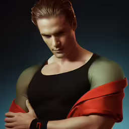 the young man is wearing a red armband