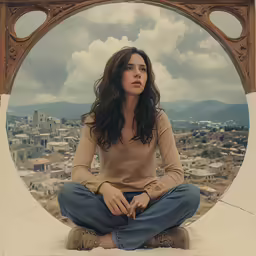 a woman sitting on the ground in a round window