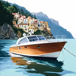 the motor boat is out in the blue water